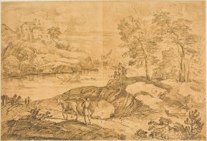 Flusslandschaft mit Mann und Esel, Badende