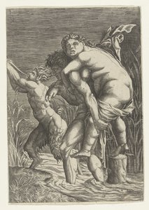 Mann trägt Frau auf seinem Rücken und ein Satyr von Andrea Mantegna (school of)