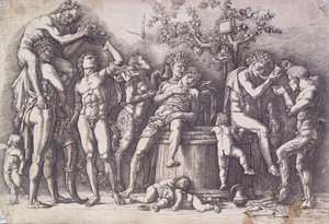 Ein Bacchanal mit einer Weinpresse, ca. 1475