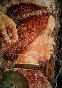 Ankunft von Kardinal Francesco Gonzaga, Detail eines seiner jüngeren Brüder (Detail) von Andrea Mantegna