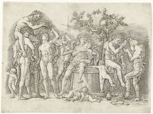 Bacchanal mit Satyrn und Bacchantinnen bei der Weinpresse von Andrea Mantegna