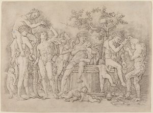 Bacchanal mit Weinfass von Andrea Mantegna