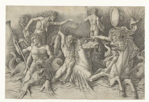 Kampf der Meeresgötter, mit Neid (Invidia) links von Andrea Mantegna