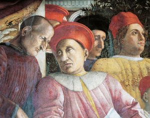 Ludovico Gonzaga und Berater Marsilio Andreasi (Detail aus der Hofwand) von Andrea Mantegna