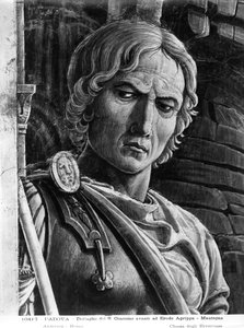 Der heilige Jakobus der Ältere vor König Herodes Agrippa, Detail eines Soldaten von Andrea Mantegna