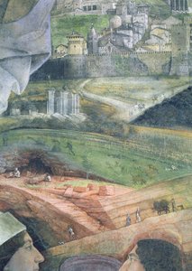 Die Ankunft von Kardinal Francesco Gonzaga; Marmorbrucharbeiten und eine idealisierte Ansicht von Rom, aus der Camera degli Sposi oder Camera Picta (Detail)