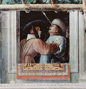 Das Martyrium des heiligen Christophorus, Detail eines Mannes, der mit einem Pfeil ins Auge geschossen wurde, ca. 1450-56 von Andrea Mantegna