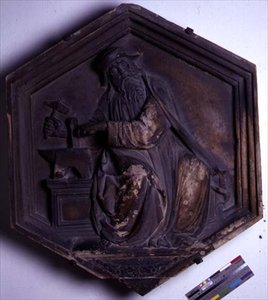Harmonie, sechseckige dekorative Reliefkachel aus einer Serie, die die sieben freien Künste darstellt, möglicherweise basierend auf Entwürfen von Giotto (ca. 1266-1337) ca. 1334-48