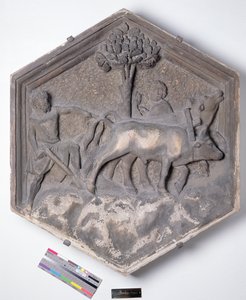 Die Kunst der Landwirtschaft, sechseckige dekorative Reliefkachel aus einer Serie, die die Praktiker der Künste und Wissenschaften darstellt, möglicherweise basierend auf Entwürfen von Giotto (ca. 1266-1337) ca. 1334-1348 von Andrea Pisano
