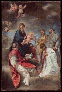Die Madonna und das Kind mit den Heiligen Ignatius von Loyola, Franz Xaver, Cosmas und Damian von Andrea Sacchi