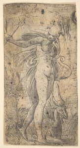 Merkur steht und hält einen Caduceus in seiner rechten Hand, eine Lyra in seiner linken von Andrea Schiavone