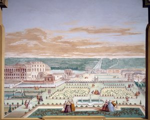 Perspektivische Zeichnung einer Villa und eines imaginären Gartens, Fresko von Andrea Urbani in der Villa Pisani, Stra, Venetien von Andrea Urbani