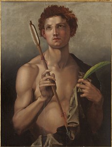 Der heilige Sebastian mit einem Pfeil in der rechten Hand und der Märtyrerpalme in der linken Hand