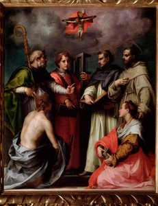 Die Disputation der Heiligen Dreifaltigkeit mit St. Peter, St. Laurentius, St. Augustinus von Hippo, St. Franziskus, St. Sebastian, St. Maria Magdalena (um 1517) von Andrea del Sarto