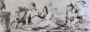 Weibliche Figur mit Putti, allegorische Komposition, ca. 1754, Entwurf von Andrea Appiani (1754-1817) für eine Kommode von Giuseppe Maggiolini, Italien
