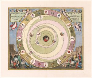 1660 Himmelskarte, die das Modell des Universums des griechischen Astronomen Aratus illustriert von Andreas Cellarius