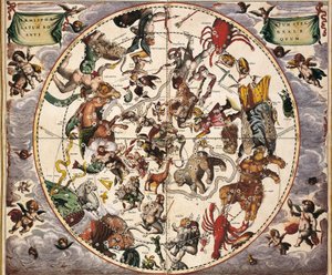 Atlas Coelestis seu Harmonia Macrocosmica. 1661. Fol 24. Hemisphaerium stellatum boreale antiquum. Darstellung der nördlichen Hemisphäre. Gedruckt in Amsterdam von Johannes Janssonius. Frühe Neuzeit. Gravur. von Andreas Cellarius