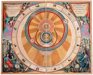 Darstellung des geo-heliocentrischen Universums von Tycho Brahe, 17. Jahrhundert