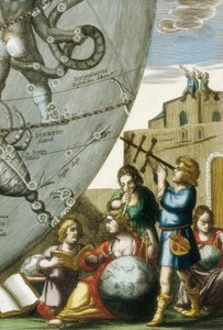 Wissenschaftler (Astrologen und Astronomen) studieren Globen und die Himmelskarte, Detail aus Atlas Coelestis seu Harmonia Macrocosmica von Andreas Cellarius (1596-1665) von Andreas Cellarius