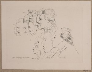 10 Porträts: Enevold Brandt, Johann Friedrich Struensee, Caroline Mathilde, Julieane Marie, Arveprins Frederik, Christian VII, Marie Jeanne Clemens, J. F. Clemens, Jens Juel und Nicolai Abildgaard
