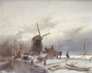 Gefrorene Flusslandschaft mit Windmühle von Andreas Schelfhout