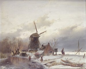 Eine gefrorene Flusslandschaft mit einer Windmühle