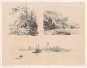 Figuren in einem Wald, ein Fluss entlang einer bergigen Küste und Boote auf dem Wasser von Andreas Schelfhout
