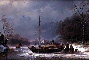Bauern bei einem Boot auf einem zugefrorenen Fluss