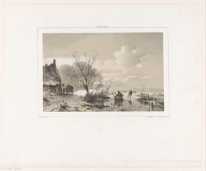 Schlittschuhläufer und Mann mit Schlitten auf gefrorenem Fluss von Andreas Schelfhout