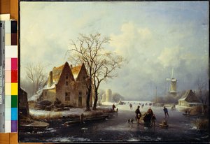 Schlittschuhläufer in einer gefrorenen Winterlandschaft von Andreas Schelfhout