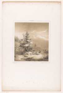 Winterlandschaft mit Nadelbäumen und Mann mit Schlitten von Andreas Schelfhout
