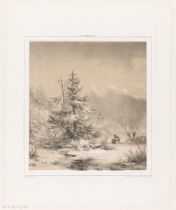 Winterlandschaft mit Nadelbäumen und Mann mit Schlitten von Andreas Schelfhout