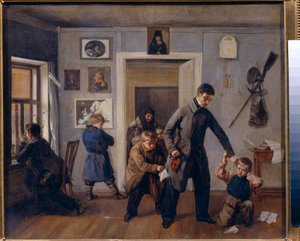 In der Schule. Ein Lehrer einer Landschule packt einen Jungen am Ohr, im Klassenzimmer machen andere Jungen Dummheiten und Grimassen von Andrei Andreevich Popov