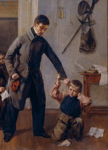 In der Schule. Ein Lehrer einer Landschule packt einen Jungen am Ohr, im Klassenzimmer, wo andere Jungen Unfug treiben und Grimassen schneiden. Gemälde von Andrei Andrejewitsch Popow (1832-1896), (Detail) von Andrei Andreevich Popov