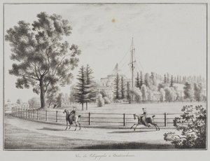 Ansicht des Rodelpavillons und des Telegrafen in Oranienbaum, 1821-1822 von Andrei Yefimovich Martynov