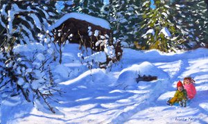 Zwei auf einem Schlitten, The Orchard, Morzine von Andrew Macara