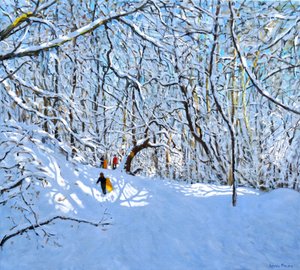 Gelbe und orange Schlitten, Allestree Park, Derby. 36 x 40, 2018 von Andrew Macara