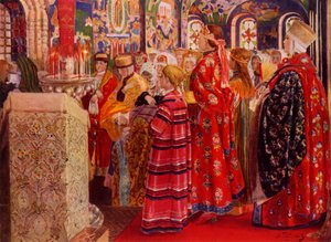 Russische Frauen des 17. Jahrhunderts in der Kirche, 1899, 1965 von Andrey Ryabushkin