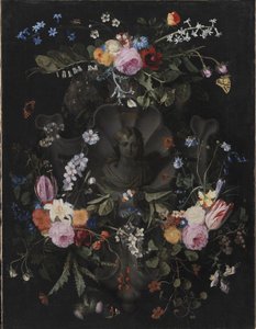 Kartusche mit Büste Christi umgeben von einem Blumenkranz von Andries Bosman