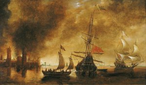 Bei Sonnenaufgang nach der Bombardierung eines Hafens durch die spanische Flotte, die Hafenanlagen rauchen noch von der nächtlichen Schlacht, ein Boot voller Soldaten bewegt sich um das zentrale Schiff von Andries van Eertvelt