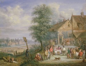 Ein Fest zur Erntezeit mit dem Haus Drij Toren im Hintergrund von Angel Alexio Michaut
