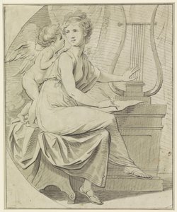 Amor inspiriert eine junge Frau, die mit einer Hand eine Leier zupft und mit der anderen Hand schreibt von Angelica Kauffmann