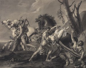 Theseus und Pirithoos befreien die Erde von Räubern, befreien zwei Frauen aus den Händen ihrer Entführer von Angelique Mongez