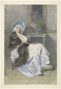 Sitzende junge Frau mit schwarzem Schal und violettem Rock