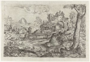Landschaft mit Fluss und Schloss von Angelo Falconetto (attributed to)