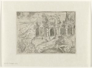 Landschaft mit altem Mann mit Sense