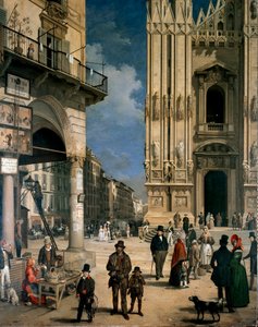 Markt von Figini in Mailand (Piazza del Duomo mit einer Ecke des Coperto dei Figini) (Detail) von Angelo Inganni