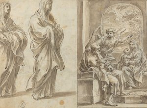 Zwei drapierte weibliche Figuren; Rast auf der Flucht nach Ägypten (verso) von Angelo Marullo
