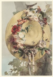 Strohhut mit Rosen, Nelken und Kornblumen von Angelo Rossi