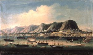 Ansicht von Hongkong mit einem Gefängnisschiff und einem Raddampfer im Hafen